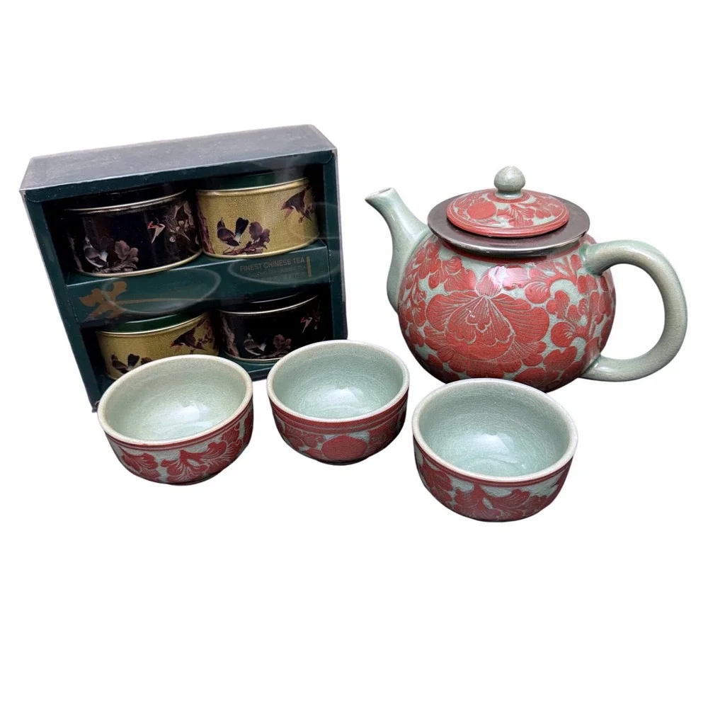 Gianna‎ Tea Set Floral Relief Ceramic Asian Inspired Teapot 3 Cups